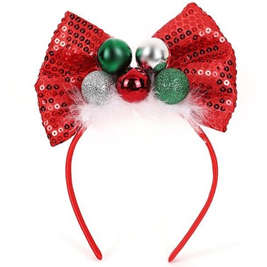 Ecuupas Christmas Headband Bow Hairband Red Shinny Glitter Green Bell Bowknot Headdress Design for Women Girls Kids Winter Head Wear Gifts Happy New Years Head Accessories