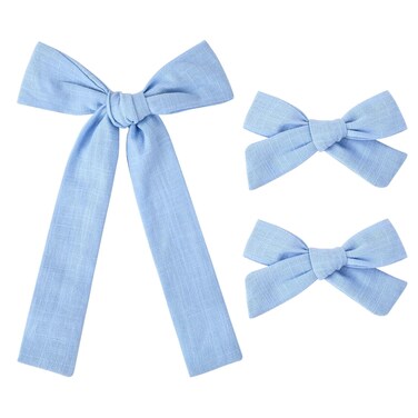 DEEKA Blue Cotton Linen Hair Bows 2 Sizes 5"&amp;3.5" Soft Hair Bow set for Toddler Girls Long Ponytail Knot Bows Alligator Clip Hair Accessories for Little School Girls (Blue)