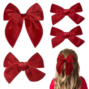 DEEKA 4 PCS Red Velvet Hair Bows 3 Styles 5" &amp; 4" Handmade Hair Bow set for Toddler Girls Alligator Hair Clips Knot Bows Hair Accessories for Little School Girls (Red)