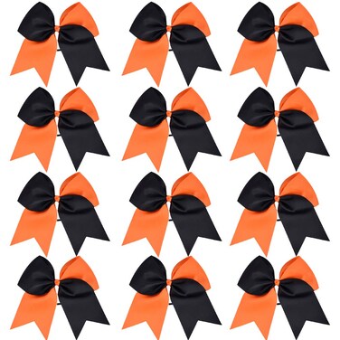 DEEKA 12PCS 8" Two Toned Large Cheer Hair Bows Ponytail Holder Handmade for Teen Girls Softball Cheerleader Sports-Orange/Black