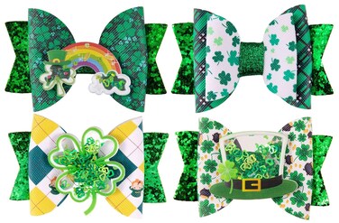 Whaline St. Patrick's Day Bow Clips Glitter Green Shamrock Clover Hair Pins Quicksand Bow Hair Barrettes Alligator Clip Hair Accessories for Girls Women Toddlers Holiday Birthday Gifts, 4 Pack