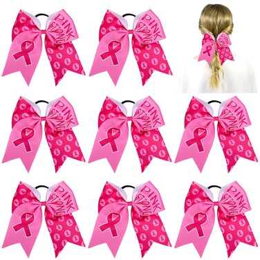 Whaline 8Pcs Large Cheerleading Hair Accessories with Pink Ribbon, Elastic Ponytail Holders - Breast Cancer Awareness Costume Decoration