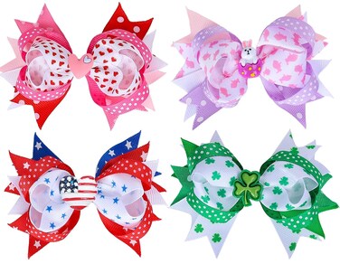 Whaline 4Pcs St. Patrick's Day Hair Bow Ribbon Clips Easter 4th of July Independence Valentine Hair Bow Alligator Clips Seasonal Hair grips Hair Barrettes Hair Pins Accessories for Girls