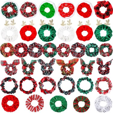 Riceshoot 48 Pcs Christmas Scrunchies Bulk Elastic Christmas Hair Ties Snowflake Glittery Hair Bands Scrunchy Hair Ropes Plaid Soft bow antler Ponytail Holders for Women Holiday Hair Accessories Gifts