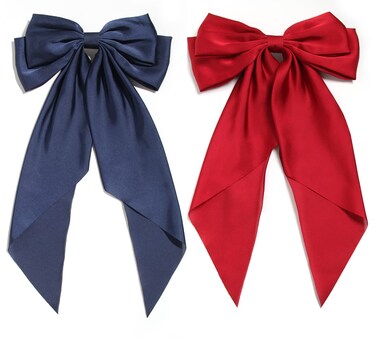 Furling Pompoms Hair Bows for Women,Large Satin Silky Hair Bow Clips Ribbon Long Tail French Barrette Hair Clamps Girls Hair Accessories Party Wedding Christmas Thanksgiving (Navy Burgundy)
