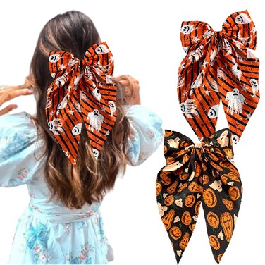 Halloween Hair Bows for Women Girls 2 Pcs Cute White Ghost Pumpkin Hair Accessories Black Orange Bow Hair Clips Big Hair Bows Clip Long Tail Bowknot Hair Ribbons Fall Halloween Hair Decoration