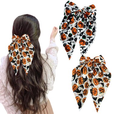 2Pcs Halloween Bow Hair Clips Spooky Bat Ghost Pumpkin Hair Ribbon Halloween Hair Bows Clip White Big Bows for Girls Halloween Hair Accessories Bowknot Hair Barrettes Halloween Party Favors Hair Decor