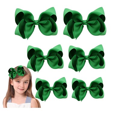 Green Hair Bow For Girls and Toddler - 6 pcs Green bows clips 6 inch &times;2, 4 inch &times;2, 3 inch &times;2