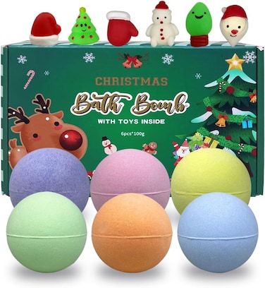 Jofan 6 Pack Christmas Bath Bombs Bubble with Christmas Squishy Toys Inside for Kids Girls Boys Women Christmas Stocking Stuffers Gifts