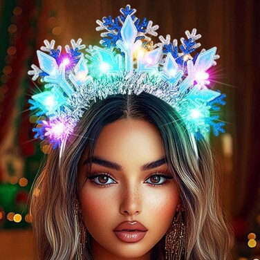 Yean Light Up Snowflake Christmas Headband LED Snow Xmas Hairband Glitter Holiday Hair Accessories for Women