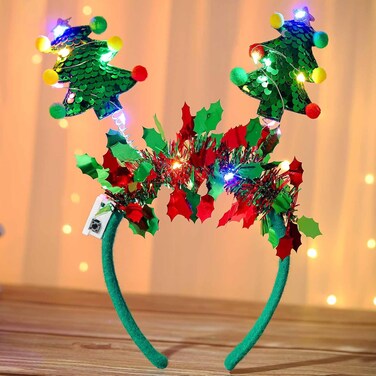 Olbye Light up Christmas Headbands Xmas Green Headband Glowing Christmas Tree Hairbands Led Flashing Star Costume Headpiece Holiday Hair Accessories for Women