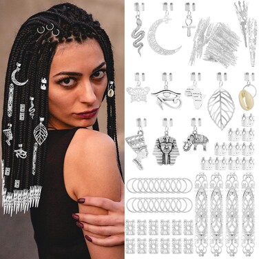 RechicGu 107 Pieces Dreadlocks Locs Jewelry Braids Clips African Pendant Charms Braid Loc Stainless Steel Adjustable Hair Cuffs Butterfly Shell Leaf Snake Moon Cross Dreadlock Accessories Silver