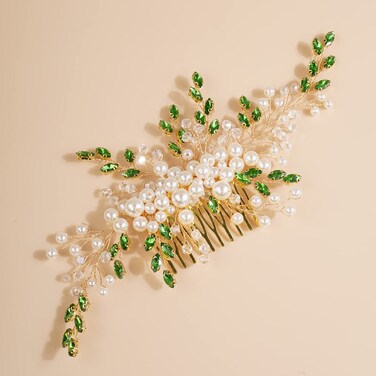 Kercisbeauty Wedding Bridal Pearl Emeraid Hair Comb Women and Girls Vintage Hair Accessory Updo Hair Jewelry (Green and Gold)
