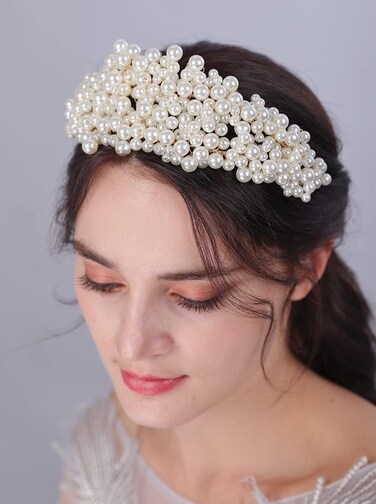 JWICOS Wedding Pearl Headbands for Brides and Bridesmaid Bridal Pearl Tiara Crown Headpieces for Women and Girls Princess Wedding Hair Accessories for Prom Pageant Dancing Ball