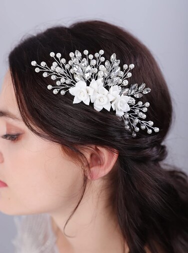 JWICOS Bride Wedding Hair Comb Flower Crystal Wedding Hair Accessories for Women and Girls Pearl Hair Piece for Brides and Bridesmaids