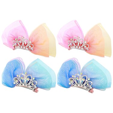4Pcs Crown Bow Hair Clip Diamond Hair Pin Princess Headband Ribbon Cute Metal Snap Sparkly Tiara Gradient Rhinestone Side Hair Barrette Mini Headdress Styling Accessories for Halloween Christmas Party