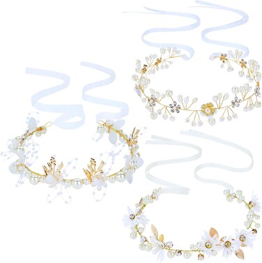 inSowni 3pcs Flower Girl Headbands Pearl Rhinestone Leaf Flower Wedding Bridal Crowns Tiaras Wreaths with Ribbon Vines Headpieces Hair Vine Accessories for Women Girls Teens Kids
