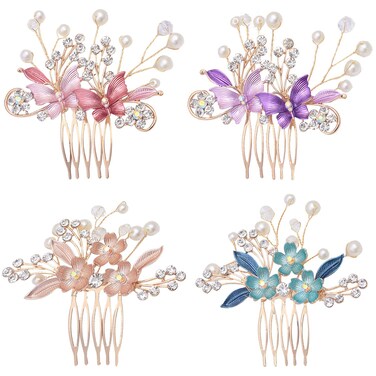 inSowni 4 Pack Gold Metal Glitter Rhinestones Pearls Decorative Butterfly Flower Wedding Bridal Hair Side Combs Slides Headpieces Hair Bun Chignon Updo Accessories for Women Girls Brides Bridesmaids