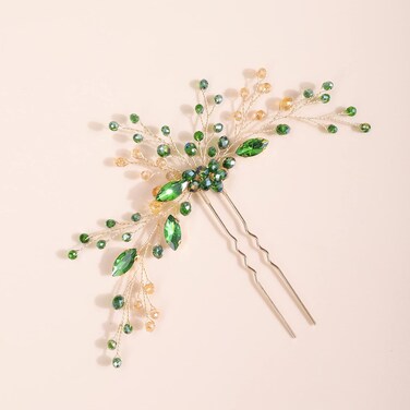 Kercisbeauty Green Emerald Crystal Hair Piece for Wedding Brides Women and Girls Handmade Gold Hair Jewelry for Special Occasion Hair Deco Collection (Green)