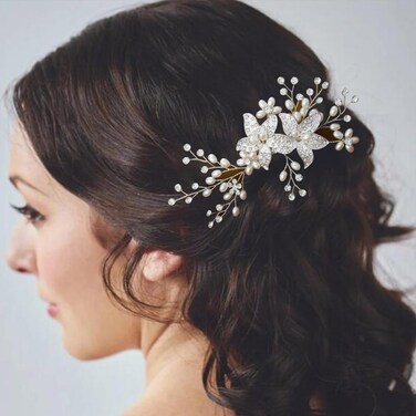 Foyte Crystal Flower Hair Comb Wedding Headpiece Silver Rhinestone Hair Piece Bride Pearl Hair Accessories for Women and Brides