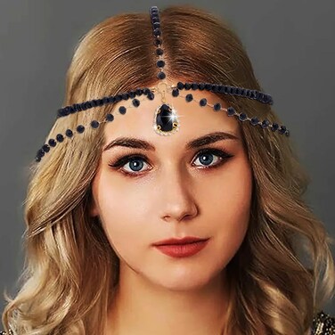Tgirls Crystal Head Chain Black Rhinestone Layered Headpiece Vintage Head Chain Jewelry for Women