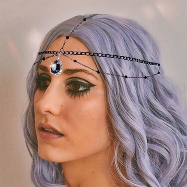 Yalice Black Rhinestone Head Chain Jewelry Gothic Crystal Headpieces Layered Headband Chains Costume Halloween Forehead Accessories for Women (Black-1, One Size)