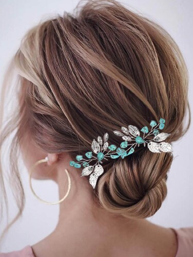 Earent Rhinestone Bride Wedding Hair Pins Turquoise Leaf Hair Piece Teal Crystal bridal Hair Accessories for Women (Pack of 2)