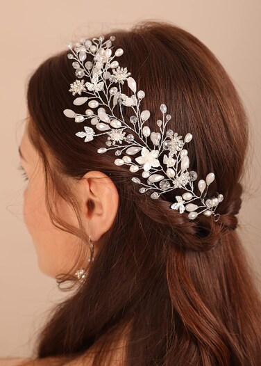 Bridal Silver Flower Leaves Hair Vine Pearls Crystal Beads Headpiece Silver Wedding Hair Accessories for Bridal Women and Grils