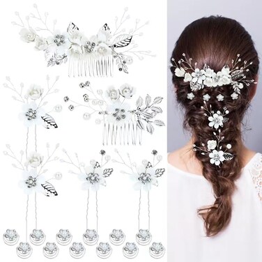 Cinaci 18 Pieces Bridal Wedding Party Prom Pearl Rhinestone White Flower Hair Side Combs Slides+U-shaped Flower Hair Pins+Twist Spiral Hairpins Floral Headpieces for Brides Bridesmaids Women Girls