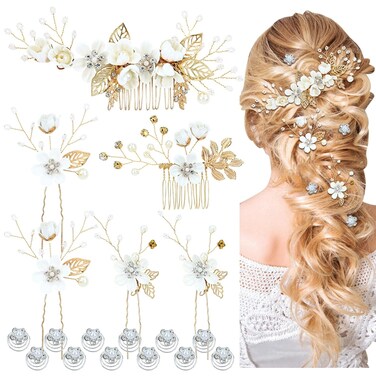 Cinaci 18 Pieces Bridal Wedding Party Prom Pearl Rhinestone White Flower Hair Side Combs Slides+U-shaped Flower Hair Pins+Twist Spiral Hairpins Floral Headpieces for Brides Bridesmaids Women Girls
