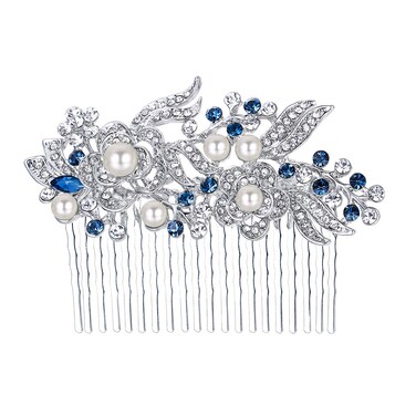 EVER FAITH Wedding Side Comb Rhinestone Pearl Bride Hair Accessories Flower Vine Headpiece for Bridesmaids Blue Silver-Tone