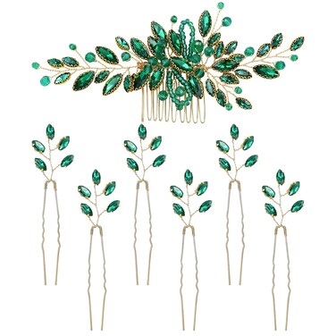 7 Pieces Emerald Green Crystal Bead Party Prom Wedding Bridal Vine Leaf Hair Side Combs + Rhinestone U-shaped Hair Pins Headpieces for Brides Bridesmaids Women Girls