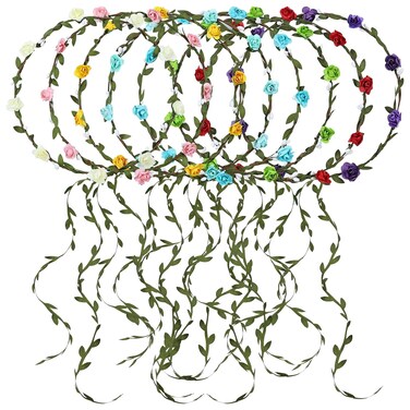 8 Pieces Party Festival Vacation Wedding Bridal Boho Flower Girl Crowns Tiaras Headbands with Leaf Ribbon Floral Hair Wreaths Garlands Headpieces for Women Girls Teens Kids