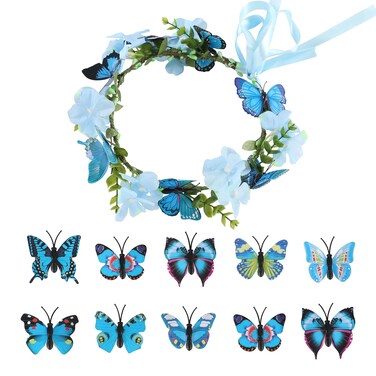 Butterfly Flower Crown for Women Girls Boho Fairy Flower Headband Crown Wedding Bridal Floral Headpiece Hair Wreath with Butterfly Hair Clips Blue
