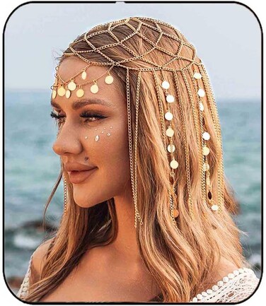 Yean Adults Gold Head Chain Sequins Headband Bohemian Hair Jewelry Tassel Festival Costume Headpiece for Women and Girls