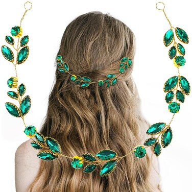 Aswewamt Green Crystal Rhinestone Hair Vine Headband, Gold, Women's Wedding Hair Accessories for Bride, Party, Prom, Gift, 1 Count
