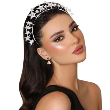 Halo Crown Star Headband Silver Crystal Headpiece Goddess Tiaras Pearl Rhinestone Headdress Bridal Wedding Hair Accessories Party Prom Halloween Hair Decorations for Women and Girls