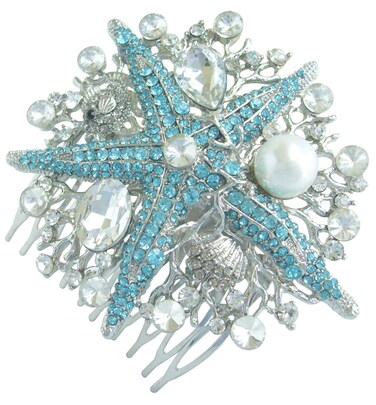 Wedding Headpiece 3.15" Rhinestone Crystal Pearl Bridal Starfish Hair Comb HZ6412 (Silver-Tone Blue)