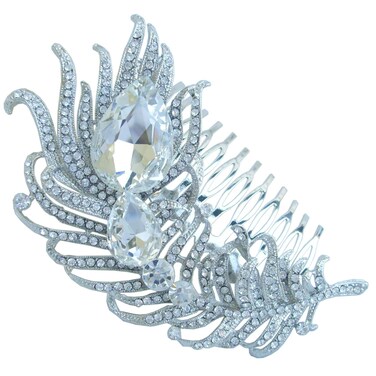 Wedding Headpiece 4.33" Rhinestone Crystal Bridal Peacock Feather Hair Comb (Silver-Tone Clear)