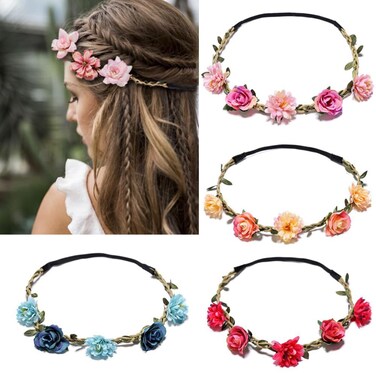 4Pcs Flower Crowns Floral Headbands Garland Adjustable Boho Bridal Bridesmaid Women Girls Teens Kids Headpiece for Hawaiian Party Wedding Beach Festival