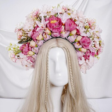 Day of The Dead Flower Crown Headband - Frida Kahlo Mexican Flower Crown Pink Rose Mexican Headpiece for Women Dia De Los Muertos Costume Halloween Cosplay Party