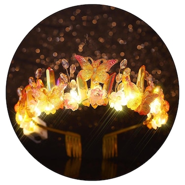 Campsis Led Crystal Crown Raw Crystal Quartz Tiara Flower Princess Headband Light Up Butterfly Wedding Hair Accesories for Women and Girls