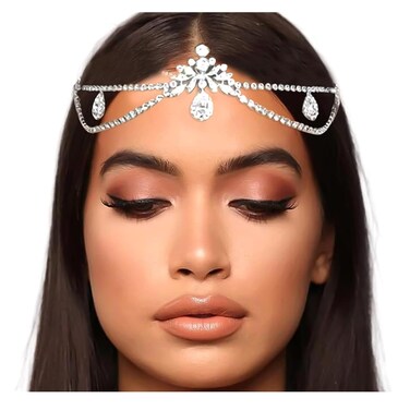 NAISKA Silver Rhinestone Head Chain Crystal Teardrop Headpiece Forehead Diamonds Hair Chain Jewelry Headband Wedding Bridal Prom Hair Accessories for Women and Girls Hair Decoration