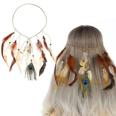 Indian Headdress for Women,Adjustable Indian Headdress, Boho Feather Festival Accessories,Hippie Headbands for Women, Peacoak Headpieces Hair Accessories for Women and Girls