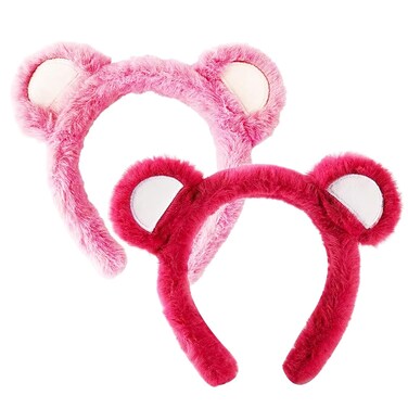 2Pcs Pink Bear Ears Headband Hot Pink Plush Hair Hoop Cute Fashion Fluffy Soft Plush Bear Ear Headwears for Women Girls Makeup Headband Face Washing Headband Valentines Day Gift