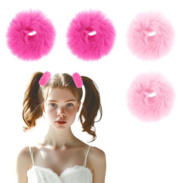 2 Pcs Pink Fuzzy Hair Ties, Hot Pink Scrunchie Pink Hair Ties With Balls, Fluffy Pink Pom Pom Hair Ties Pink Fur Ponytail Holders for Girls Women Hair Accessories(Pink)