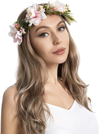 Wiwpar Flower Hair Wreath Headband Garland Flowers Floral Crown Elastic Adjustable Head Piece Wedding Party Accessories for Women Girls (Pink)