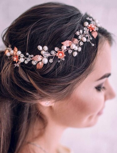 Jumwrit Bridal Pearl Headband Rhinestone Crystal Headpiece Flower Leaves Hair Vine Dainty Hair Band Wedding Hair Accessories for Women Girls Bride Bridesmaid