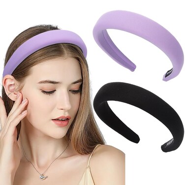 Purple Satin Headbands Black Thick Hairbands Wide Padded Headpiece Puffy Silk Hair Accessories for Women 2Pcs (Black purple)