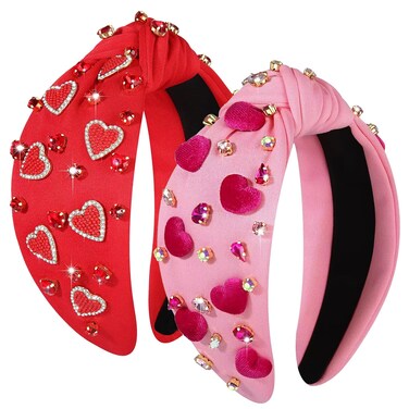Beaded Pink and Red Heart Headband for Women - Jeweled Rhinestone Crystal Wide Top Knot Headband, Valentines Outfit and Gift (2PCS)
